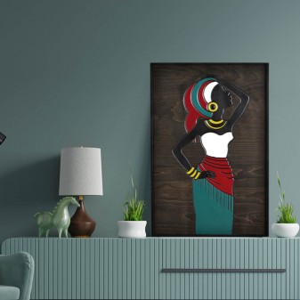 Afrika Kadınları Ahşap Çerçeveli Duvar Tablosu 62x92 cm (SV-B208) - Thumbnail